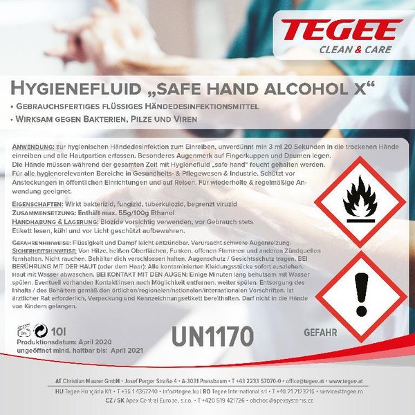 TEGEE - Hygienefluid "Safe Hand Alcohol X" - 500ml - 12 Flaschen