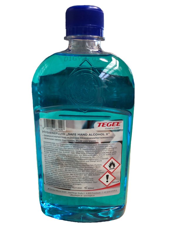 TEGEE - Hygienefluid "Safe Hand Alcohol X" - 500ml - 12 Flaschen